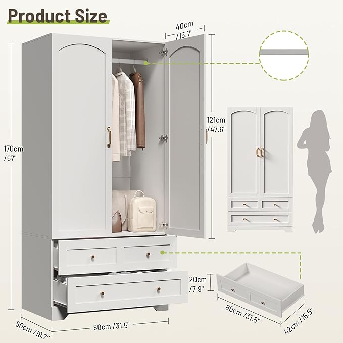 Set of 2 Armoire Wardrobe Closet, with Full-Length Mirror, Bedroom Armoires with 2 Storage Drawers & 2 Door Cabinet, White Freestanding Wardrobe Combination with Hanging and Organizing Clothes
