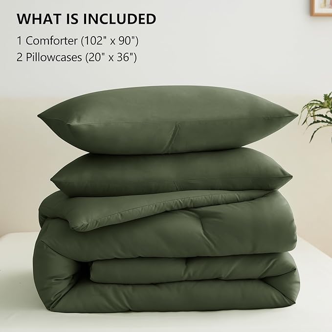CozyLux King Size Comforter Set Olive Green, 3 Pieces Solid Comforters King Size Breathable Quilted Bedding Sets, Luxury Soft Lightweight Bed Set with Down Alternative Comforter and 2 Pillowcases