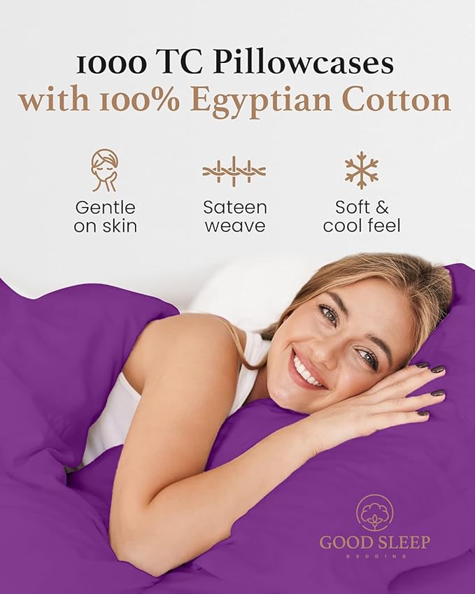 1000 TC Purple King Pillowcases Set of 4 100% Egyptian Cotton Pillow Cases with Long Staple Cotton & Sateen Weave, Silky Soft Hotel - Like Bed Pillow Covers for Comfy Sleeping, Snug Fit
