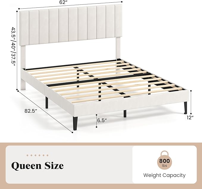Giantex Queen Size Velvet Upholstered Bed Frame, Platform Bed with Height Adjustable Vertical Channel Headboard, Wooden Slats Support Mattress Foundation, No Box Spring Needed, Noise Free, Beige