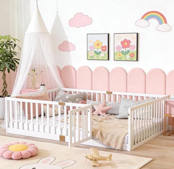 Bellemave Full Size Montessori Floor Bed with 21.5" High Rails, Rubber Wood Full Floor Bed with Slats and Door, White