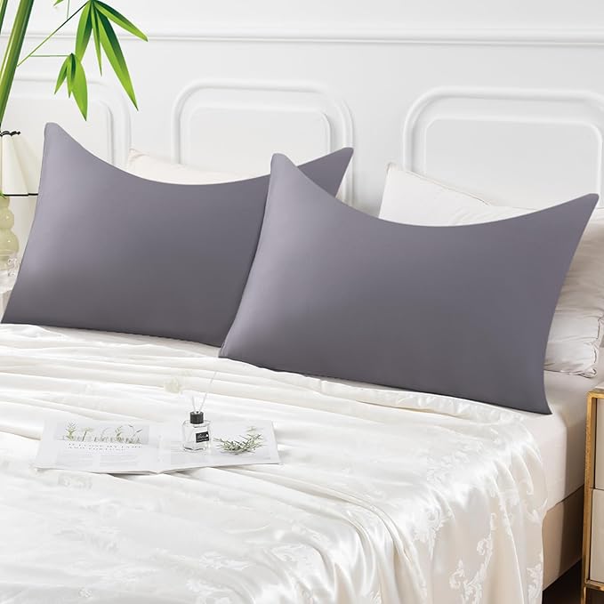 Curved Pillow Case Queen Size, Side Sleeper Pillow Cases Cover Cooling Rayon Derived from Bamboo with Zipper for hot Sleepers Hair and Skin, Breathable Silky Soft Pillowcase 1 Pack 20 * 30 Inches