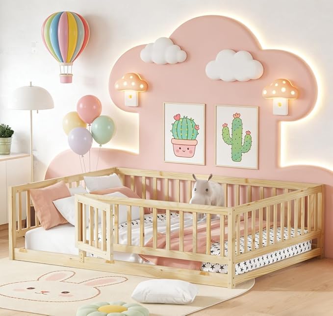 Bellemave Ful Montessori Floor Bed with 21.5" High Rails and Slats, Pine,Plywood Floor Bed with Small Door, Natural