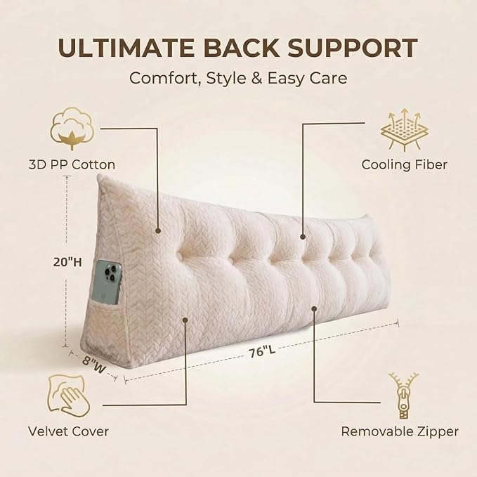 Headboard Pillow King Size, Reading Pillow for Bed, Leaf Pattern Wedge Pillow, Tufted Backrest Support, Headboard Substitute, Beige