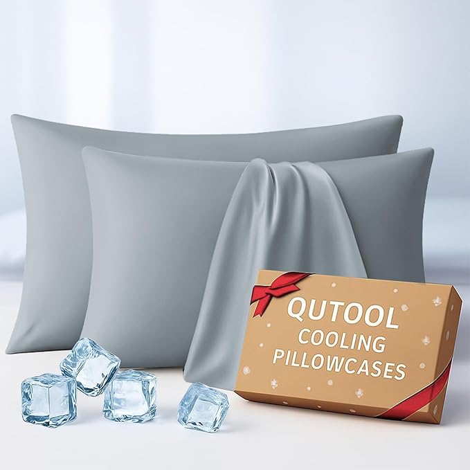 Luxury Cooling Pillowcases Queen Size 2 Pack, Q-Max>0.4 Cool Touch for Hot Sleepers&Night Sweats Beauty Sleep Anti-Frizz, Softer Than Silk Pillowcover Oeko-TEX Certified Elegant Gray
