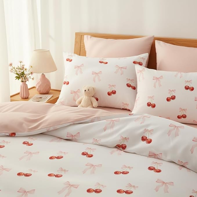 Nayoroom Pink Bow Duvet Cover Full Size Reversible Red Cherry Duvet Cover 3 Pieces Soft Lightweight Microfiber Kids Girls Cute Aesthetic Dorm Bedding Set