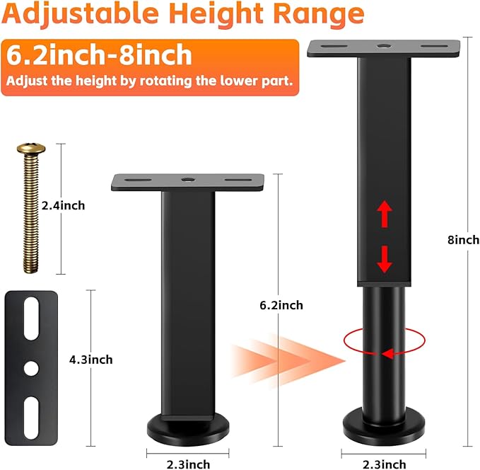 4PCS Adjustable Height Bed Support Legs, 6.2-8 In, Metal Heavy Bed Risers with Non-Slip Rubber Base, Replacement Furniture Feet for King Queen Frame Slats, Sofa, Couch, Cabinet, Dresser, Table