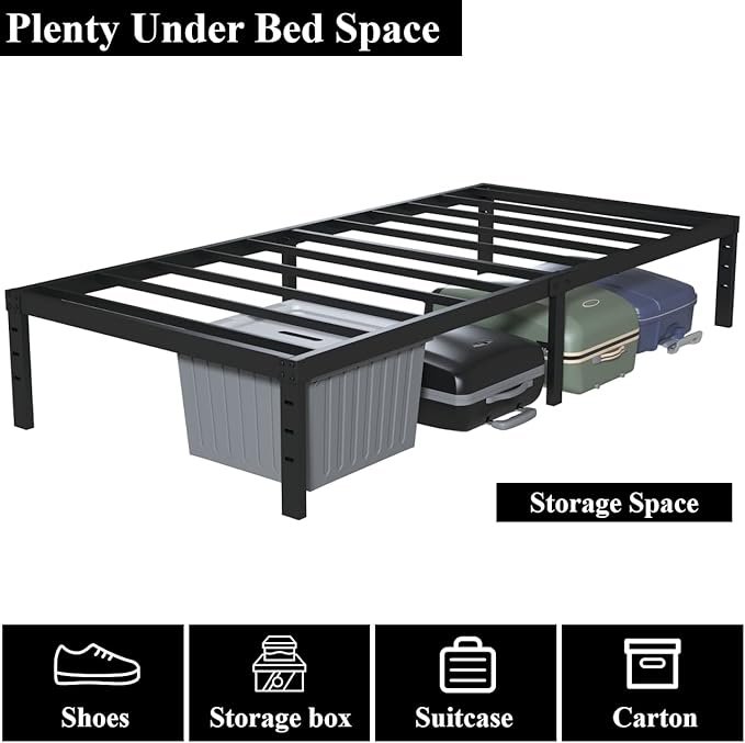 Upcanso Twin Bed Frame No Box Spring Needed, 14 Inch Heavy Duty Metal Platform Bed Frame Twin Size with Storage, 2500lbs Steel Slats Support, Easy Assembly, Black