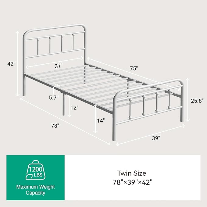Novilla Metal Bed Frame Twin Size - Modern Minimalist Victorian Style with Headboard/Footboard, Heavy-Duty Steel Slats/Underbed Storage/No Box Spring Needed/Easy Assembly/Noise Free/White