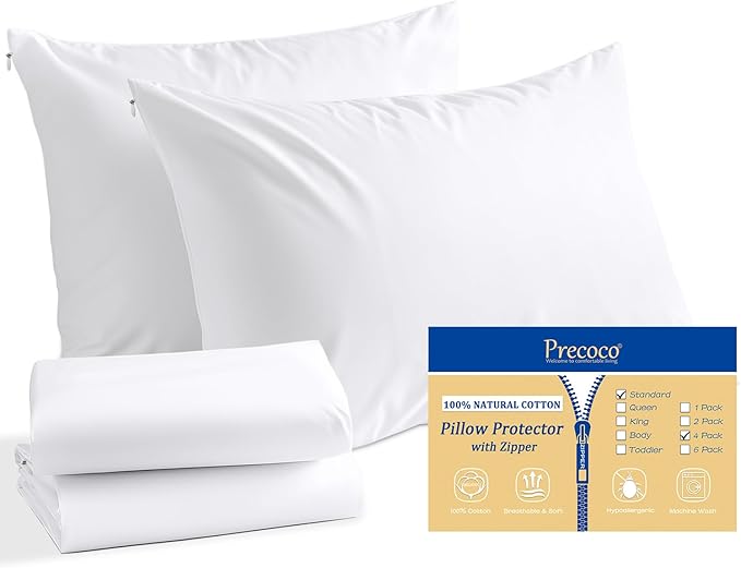 Cotton Pillow Cases Standard Size Set of 4, White Pillow Protectors with Hidden Zipper, Cooling Breathable Zippered Pillow Covers & Soft Pillowcase Covers, 20x26 Inches