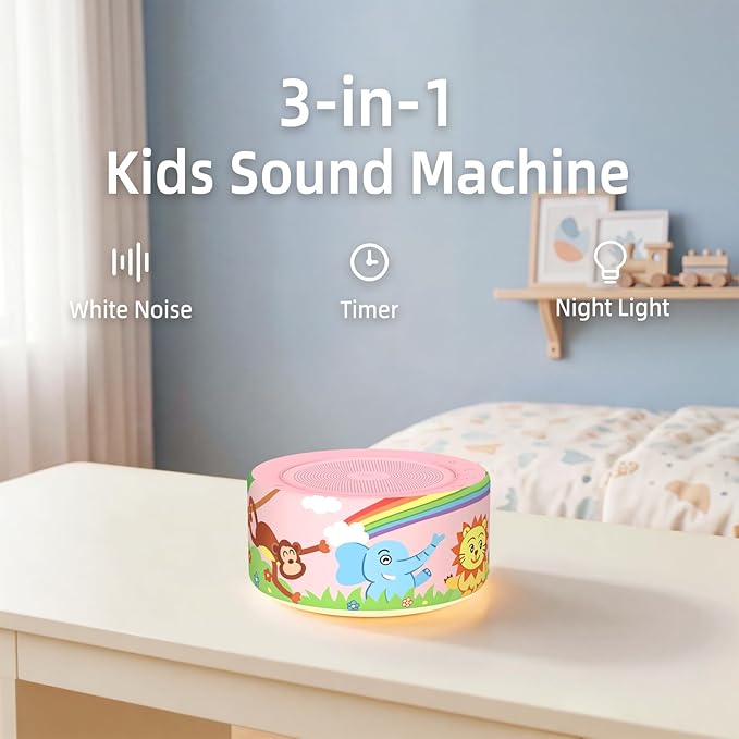 Kipcush White Noise Machine - Soft Non-Glare Nursery Lamp, 30 Soothing Sounds, 8 Color Lights, Max 8-Hour Timer for Baby & Adults (Rainbow Animal Monkey, Standard)