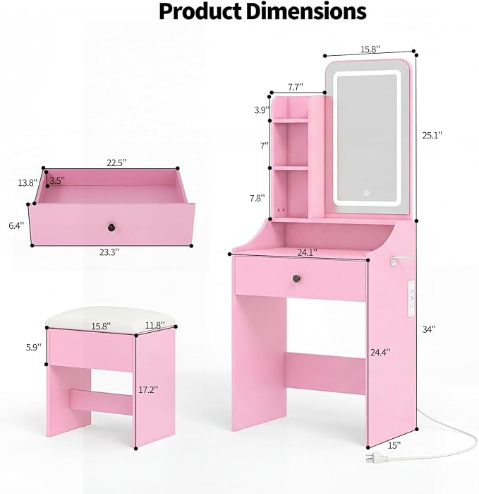 DUMOS Makeup Vanity Desk, Vanity Table Set with Mirror and Lights, Small Vanity with Storage Bench, Charging Station and Hair Dryer Holder, Dressing Table with Drawer and Three Shelves, Pink