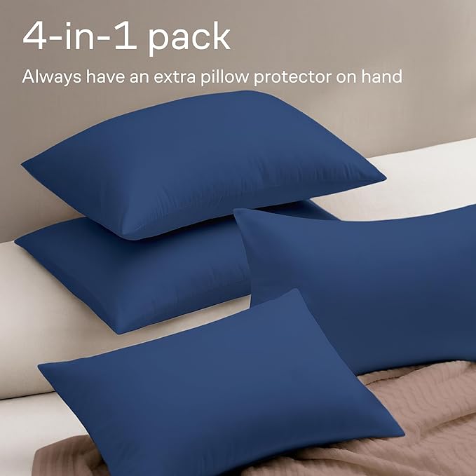 Ultra Soft Pillow Protectors with Zipper King Size - Set of 4 Breathable Pillow Covers - 100% Protection Against Stains, Dust & Dirt - Machine Washable (Navy Blue)