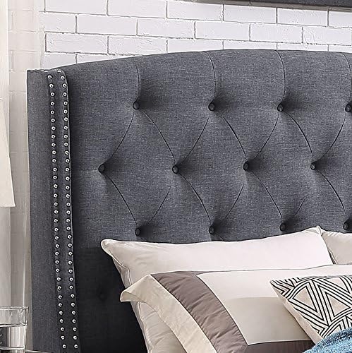 Roundhill Furniture Nantarre Fabric Tufted Wingback Upholstered Bed with Nailhead Trim, Queen, Gray