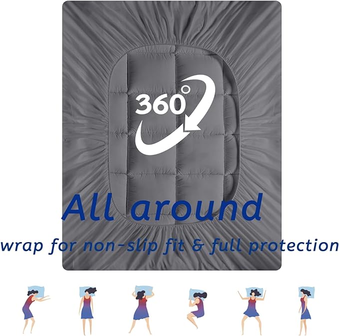 Queen Size Mattress Topper for Back Pain, Cooling Extra Thick Mattress Pad Cover with 8-21 inch Deep Pocket, Plush Pillow Top Mattress Topper Overfilled with Down Alternative, Queen Size, Dark Grey