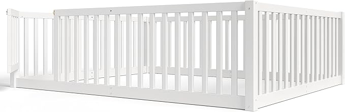 Bellemave Queen Size Montessori Floor Bed with 23.5" High Rails, Pine,Plywood Floor Bed with Small Door, White