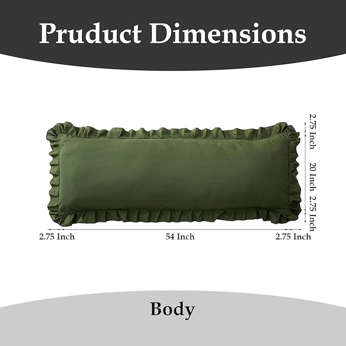 Ruffled Body Pillow Pillowcases Set of 2 – Soft Wrinkle Resistant Brushed Microfiber Body Pillowcases –Envelope Pillow Shams Festive Gift for Hotels, Guest Rooms 20x54 Inch (Olive Green)