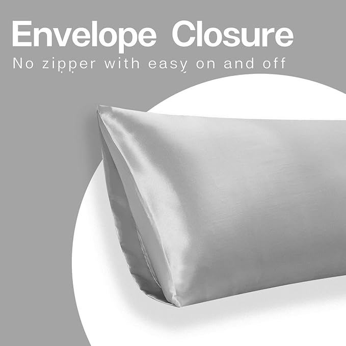 MR&HM Satin Body Pillow Cover, Soft and Breathable Body Pillow Case with Envelope Closure, Cooling and Silky Long Pillowcase for Hair and Skin,Grey (20x54, Silver Grey)