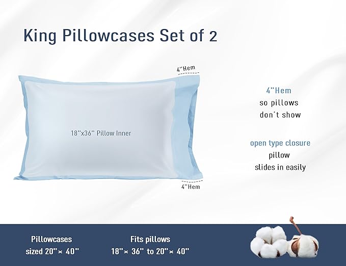 Pillow Cases, King Size Cotton Percale Weave Pillowcases, Pre-Shrunk Breathable and Hypoallergenic Pillowcases, Set of 2 (2 Piece King 20 Inch x 40 Inch, Light Blue)