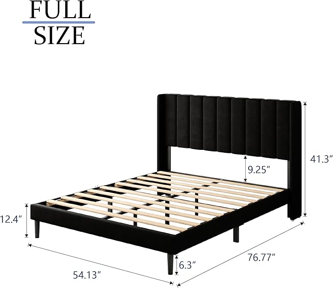 Gruwans Full Size Bed Frame with Upholstered Wingback Headboard, Easy Assemnly Platform Bed, Wooden Slat Support No Box Spring Needed, Black