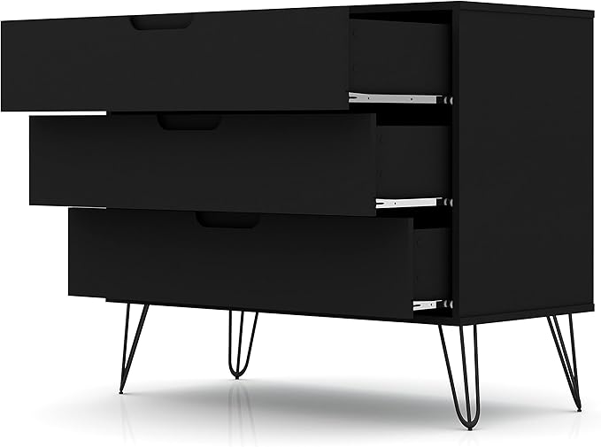 Manhattan Comfort Rockefeller 3-Drawer Dresser Set of 2, Entryway Wood Storage Cabinet, 32 Inch TV Stand Console Table, Anti Tip Kit Included for Bedroom, Nursery, Dorm, Living Room in Black