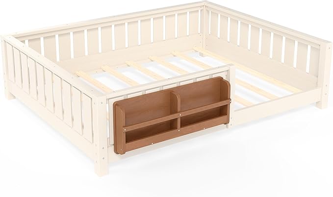 Bellemave Full Size Kids Montessori Bed with Bookshelf,Solid Wood Full Floor Bed Frame with Fence and Slats for Girls Boys,Low-Profile,Beige