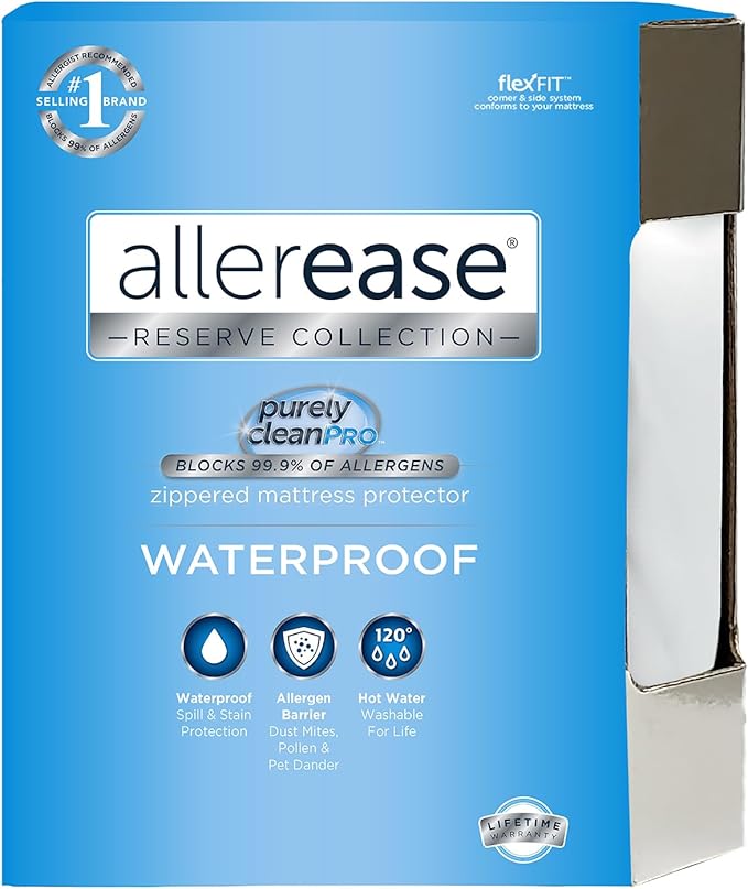 AllerEase Waterproof Mattress Protector Stain Protection King Particle Barrier Hot Water Washable Machine Washable Durable Zippered Knit Mattress Cover Stretch Corners (White)