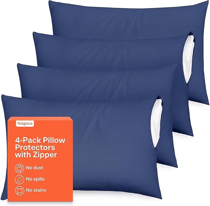 Ultra Soft Pillow Protectors with Zipper Standard Size - Set of 4 Breathable Pillow Covers - 100% Protection Against Stains, Dust & Dirt - Machine Washable (Navy Blue)