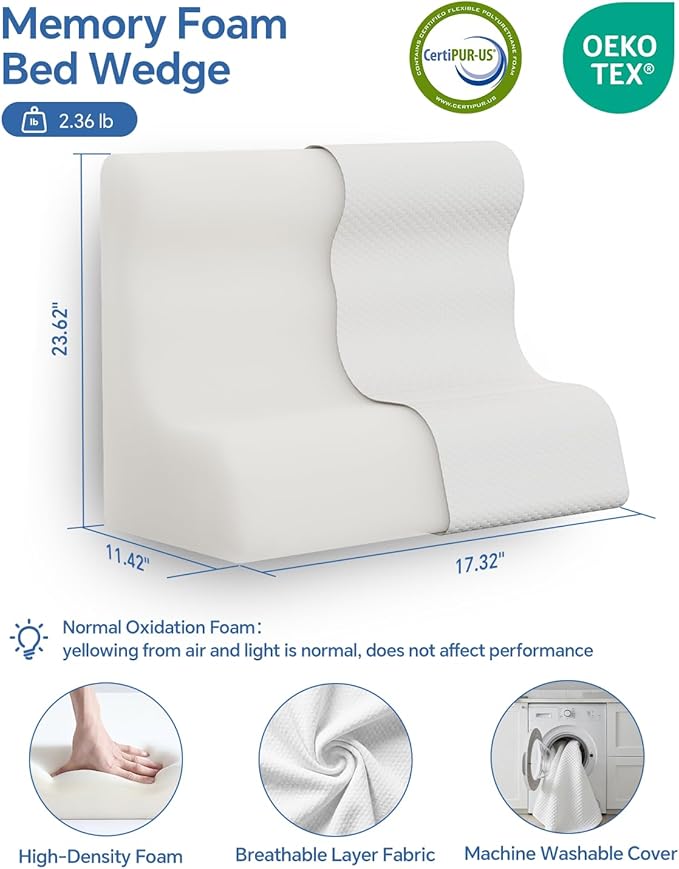 Wedge Pillow Headboard, Ergonomic Memory Foam Bed Wedge Pillow for After Surgery, Acid Reflux & Snoring Relief, Elevated Pillow for Sleeping, Sitting Up, Reading, TV, Back Support & Leg Elevation