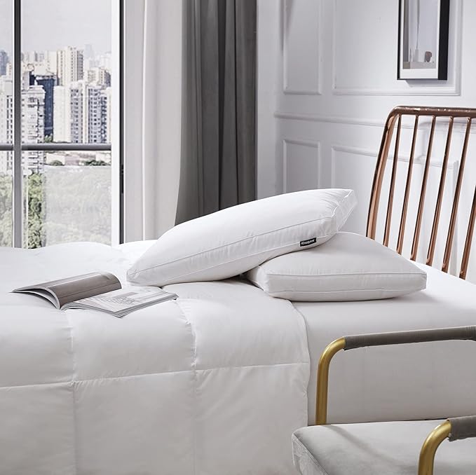 Beautyrest White Feather Down Fiber Pillows Set of 2 Pack with 2" Gusset Support Pillows,Hotel Collection 100% Cotton Hypoallergenic Medium Firm Bed Pillows for Side Sleeper
