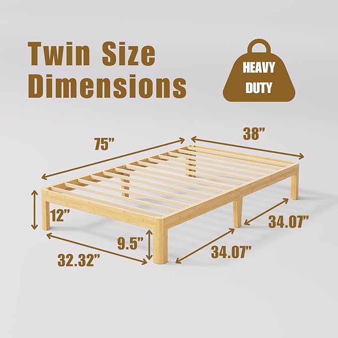 12 Inch High Bamboo Wood Twin Size Platform Bed Frame, Metal Slat Support Bed Frame Twin, No Box Spring Needed, Easy Assembly, Noise Free, Reinforced
