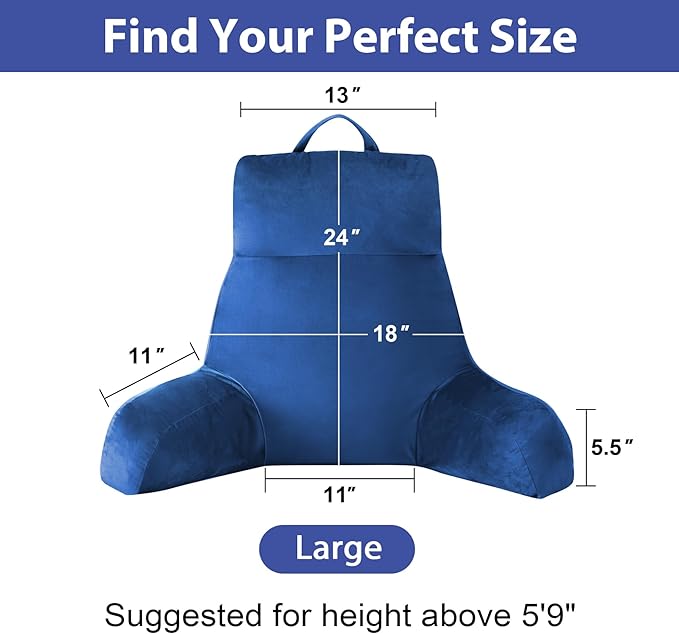 IPYNBAP Reading Pillow with Arms for Adult, Back Pillow for Bed Sitting Up, Shredded Memory Foam Backrest Pillow with Pockets & Removable Washable Cover, Lounging, Watching TV, Reading(24" Navy Blue)