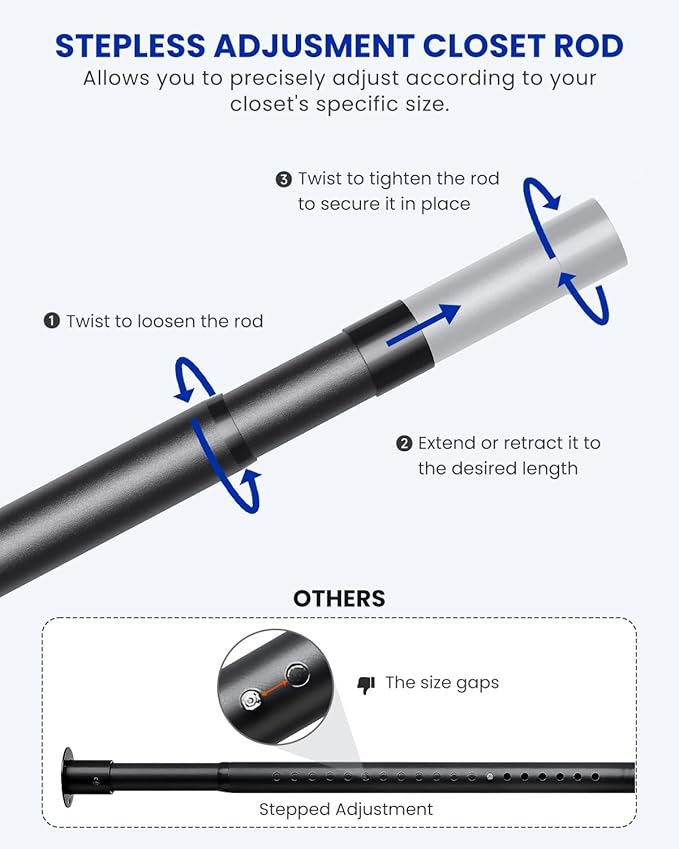 Supforce Closet Rods for Hanging Clothes, 17 to 69 Inches Stepless Adjustable Metal Closet Rod, 1.3 Inches Heavy Duty Clothes Hanging Rod for Closet Wardrobes Laundry RV, Black