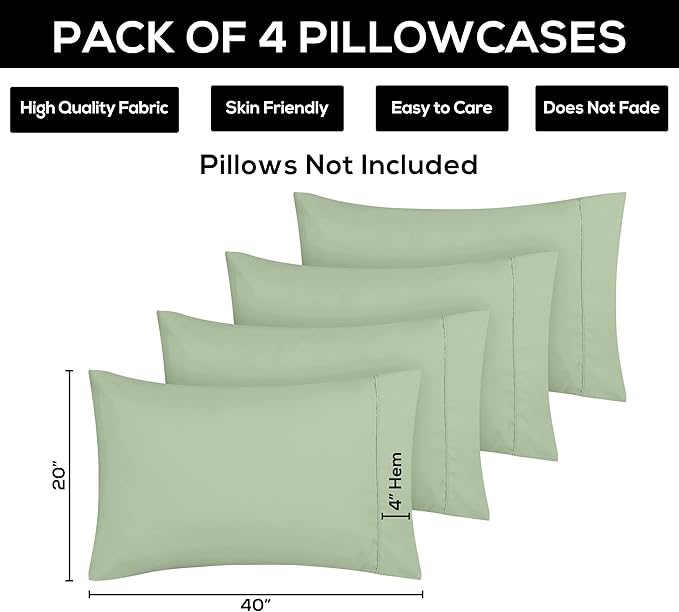 Utopia Bedding King Pillow Cases - 4 Pack - Envelope Closure - Soft Brushed Microfiber Fabric - Shrinkage and Fade Resistant Pillow Covers King Size 20 X 40 Inches (King, Sage)