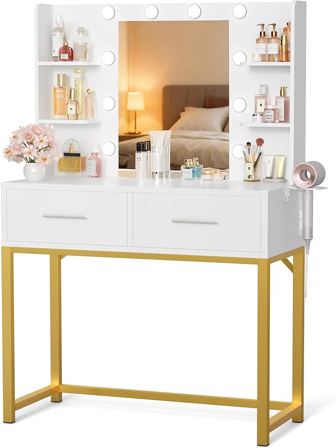 YESHOMY Vanity Desk with Mirror, Makeup Table with 2 Large Drawers, Power Outlet and Round Holder, 3 Color Modes Adjustable Bulb, Milk White & Gold Frame