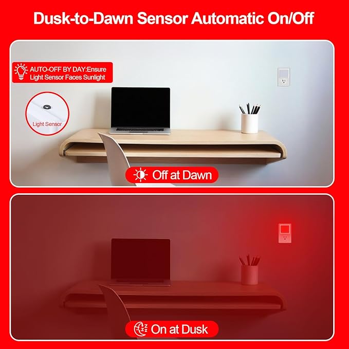 670nm Red Light Night Light for Sleep[2 Pack]- Zero Blue Light, Diammble & Energy Efficient 0.3W Night Light Plug into Wall with Dusk-to-Dawn Sensor for Nursery, Bedroom, Bathroom