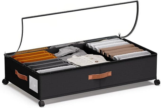 Under Bed Storage with Wheels - Rolling Underbed Containers with PVC Clear Lid & Dividers, 600D Oxford Fabric, PU Leather Handles, Adjustable Magic Tape Partition, XXL 66L, Black