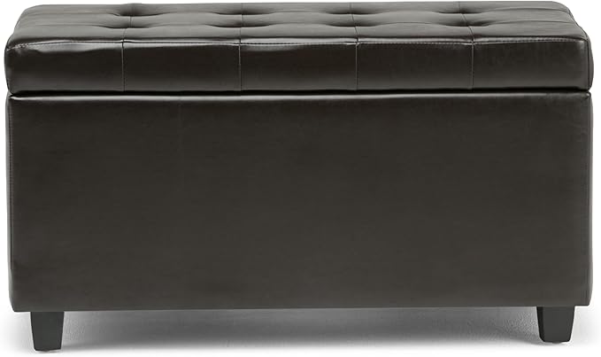 SIMPLIHOME Cosmopolitan Storage Ottoman - 34 inch Wide Upholstered Vegan Leather Rectangle Storage Ottoman Bench in Tanners Brown, Transitional Tufted Ottoman for Living Room with Lift-Up Lid