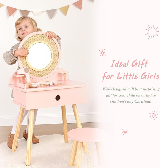 OOOK Kids Vanity Table and Chair Set, Pink Girls Vanity Set with 11 Pcs Accessories, Enough for Real and Pretend Makeup, Toddler Vanity for 3-5 Year Old and Up as Ideal Gift