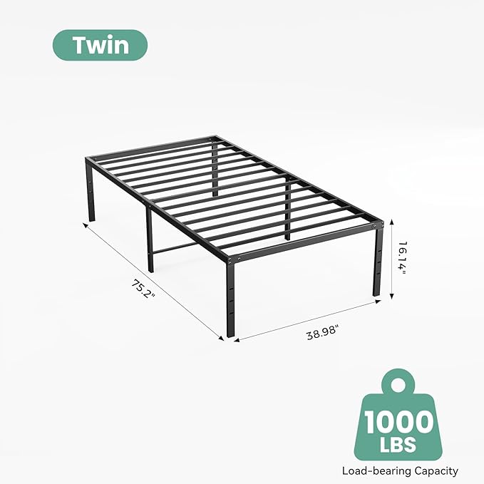 Sweetcrispy Twin Size 16 Inch Platform Bed Frame, Heavy Duty Metal Foundation Frame, Noise-Free Sturdy Steel Slats, Underbed Storage, No Box Spring Needed, Quick Setup