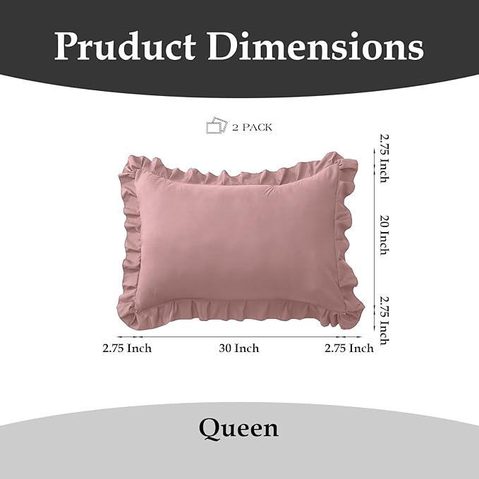 Ruffle Pillow Cases Queen Size Set of 2 – Soft Wrinkle Resistant Brushed Microfiber Ruffled Pillowcases –Envelope Pillow Shams Cover Festive Gift for Hotels, Guest Rooms 20x30 Inch (Pink)