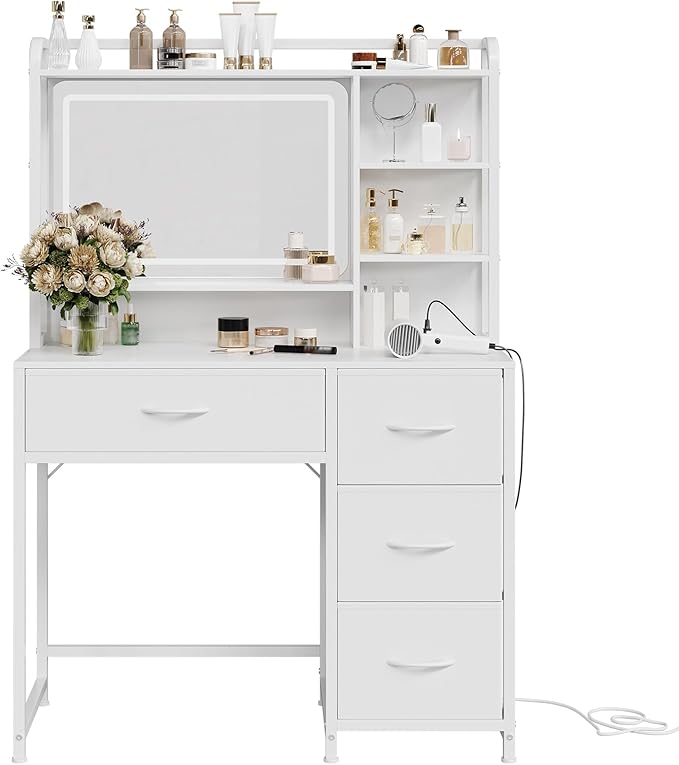 GarveeHome Vanity Desk with Mirror, 35.4” Makeup Vanity Table with Shelves, 4 Fabric Drawers Storage, Modern Dressing Table for Bedroom, Gift for Women