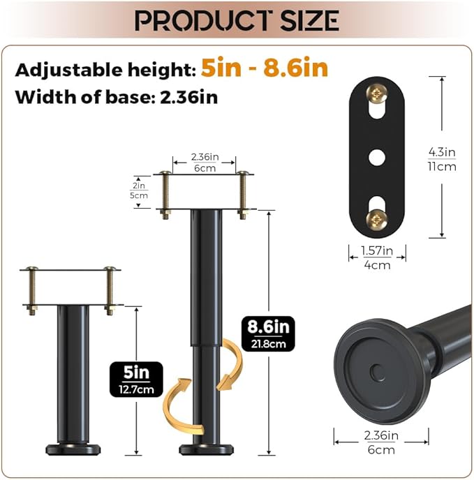 2Pcs Adjustable Height Bed Frame Support Leg, Extra Sturdy Steel Bed Frame Support Legs with Wider Rubber Base, More Stable/Quieter, Bed Slat Reinforcement Kit for King/Queen Bed (5"-8.6")