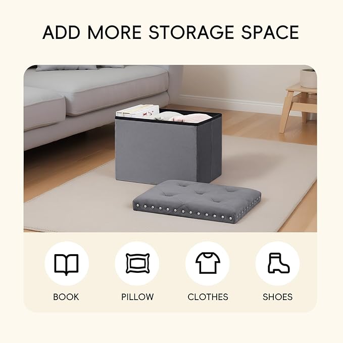 PINPLUS Storage Ottoman with Benches Foot Rest Stool, Folding Velvet Shoes Chest for Bedroom, Living Room, Grey,16.5"x12.6"x12.6"