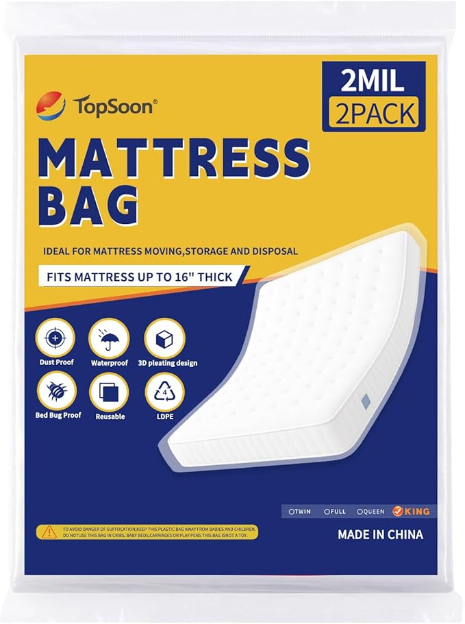 TopSoon 2PK Clear Plastic Mattress Bag - Moving & Storage Cover for Mattress or Box Spring - Heavy-Duty Disposal Supplies (2mil, King)