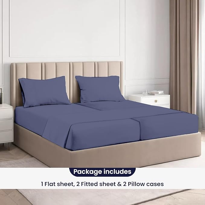 SGI Split King Sheet Set for Adjustable Bed Egyptian Premium Cotton 600 Thread Count Sheet for Sleep Number Bed 15" Deep Pocket 5 Pc Set with 2 Twin XL Fitted Sheets Soft Breathable Mediterranean Blue