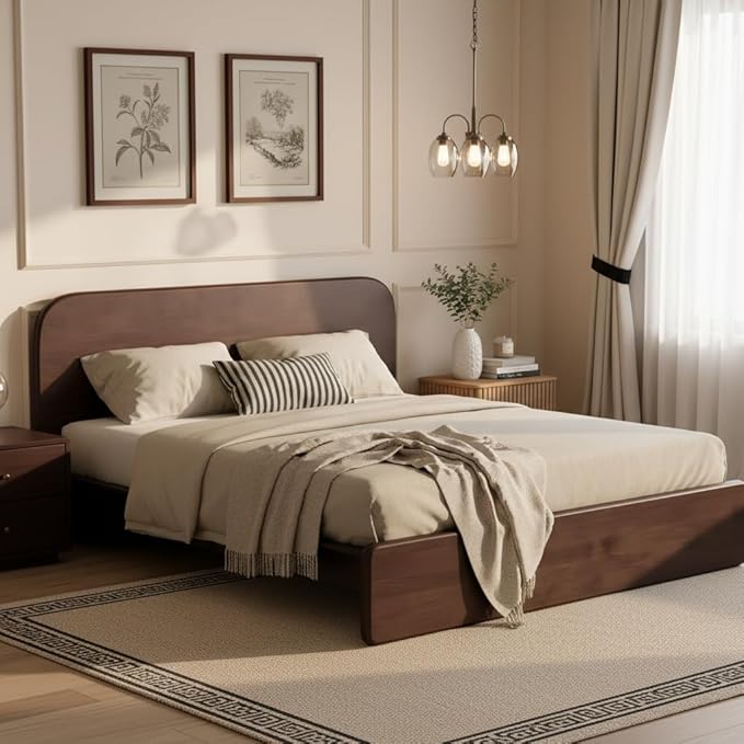 Merax Walnut King Size Platform Bed Frame, Modern Minimalist Wood Bed Frame with Rounded Headboard, Heavy Duty 800 lbs Support, No Box Spring Needed