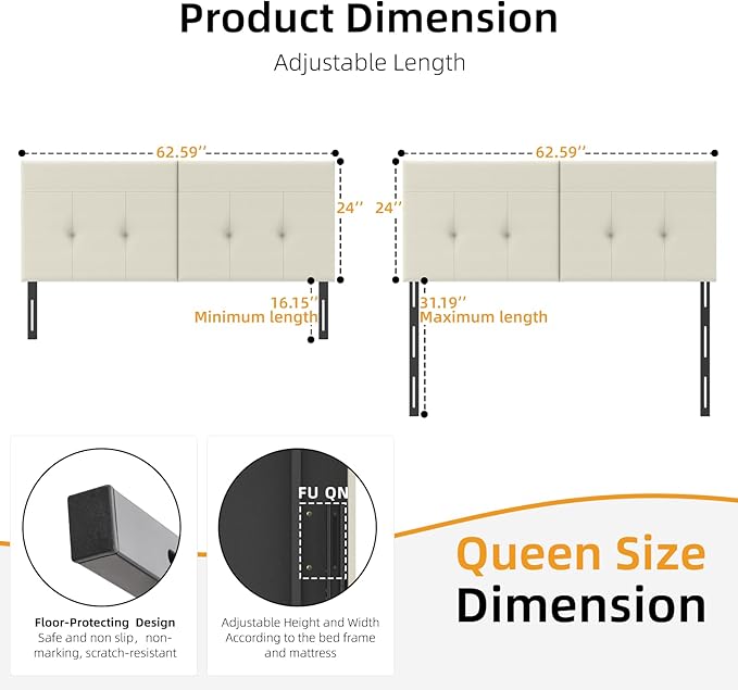 Queen Headboard Only with Adjustable Metal Legs, Faux Leather Upholstered Headboard Queen Size, Modern Stylish Headboard with Sunken Dot Design, Sturdy Bed Headboard for Bedroom, Ivory
