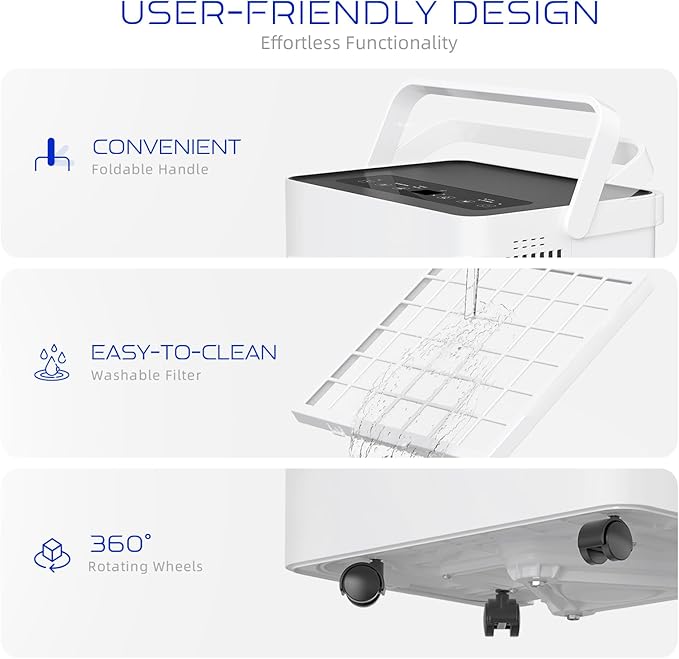 Energy Star Certified Dehumidifier for Home and Basement, Portable Dehumidifier with Drain Hose and Water Tank, Quiet Dehumidifiers for Bedroom, Living Room, Garage. (80 Pints)