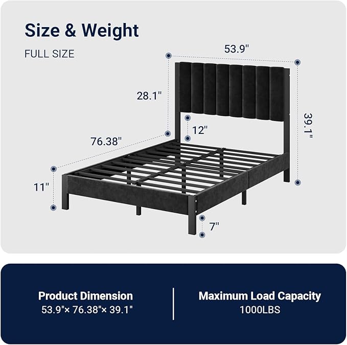 Avenco Full Size Bed Frame with Velvet Upholstered Piano Keys Headboard, Metal Bed Frame Platform Design with Metal Slats for Bedroom Furniture, Black